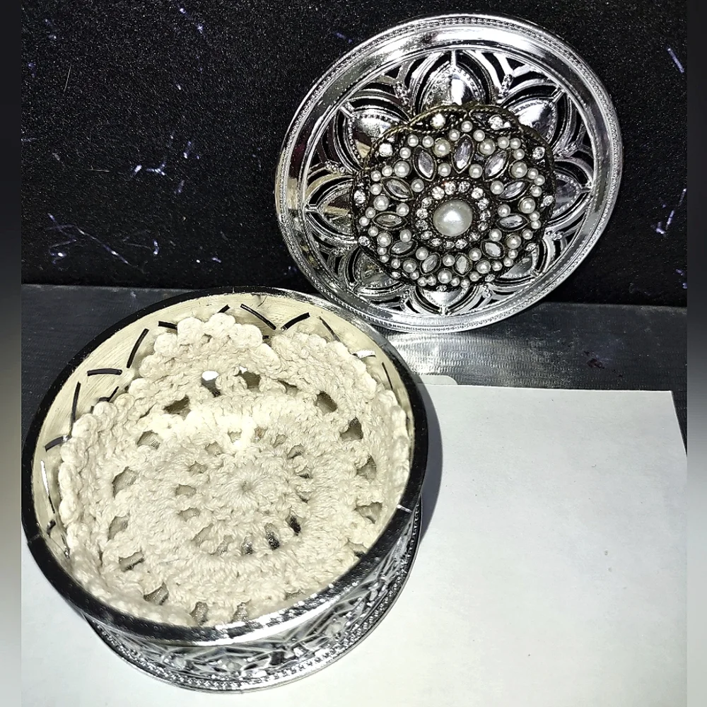 Silver Fancy Round Jeweled Container w/ Embellished Lid